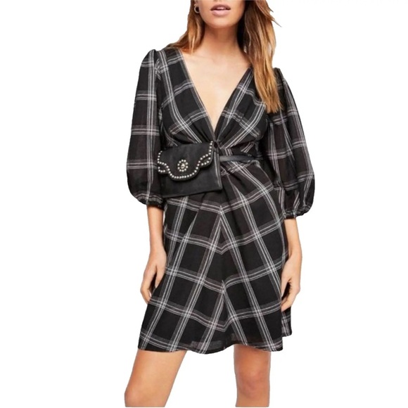 Free People Miss Molly Plaid Puff Sleeve Mini Dress - Picture 1 of 7